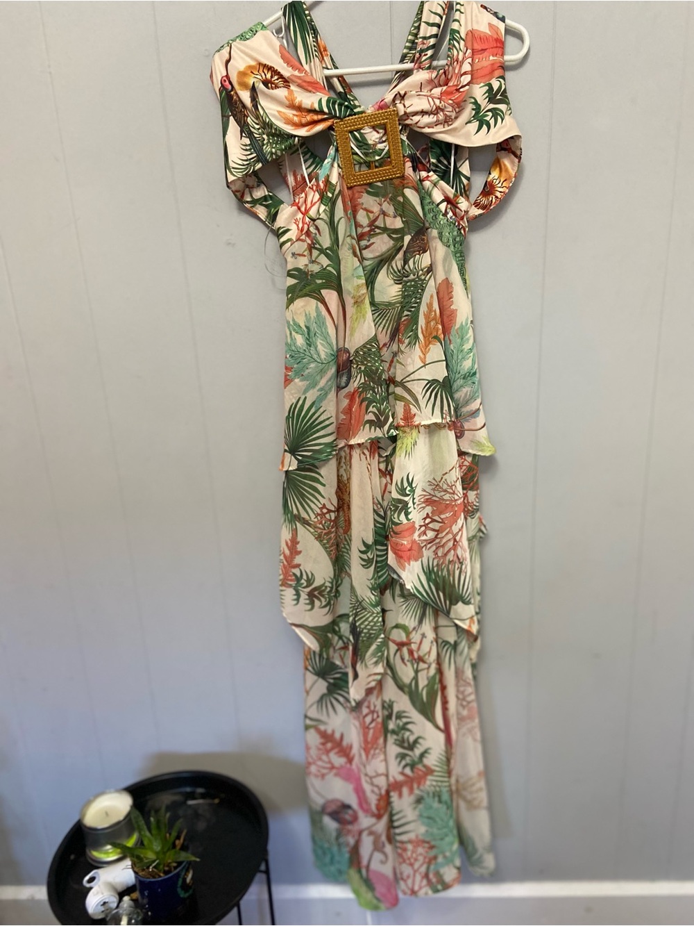 AKIRA Tropical Leaf Maxi Dress in Ivory, Coral and Green bird, crab shell motif